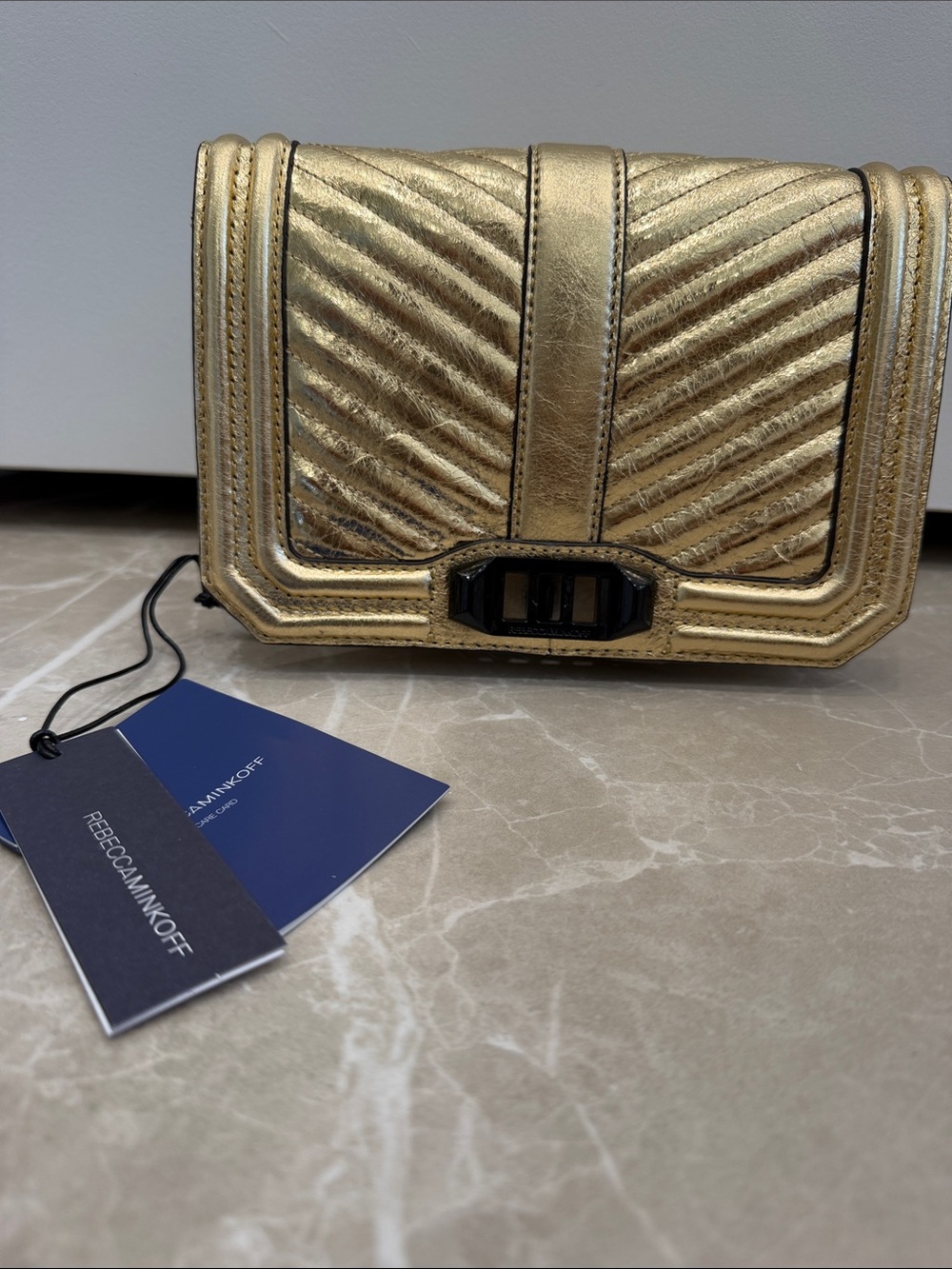 Rebecca Minkoff Small Love Gold and Black Chevron Quilted Crossbody Bag, NEW